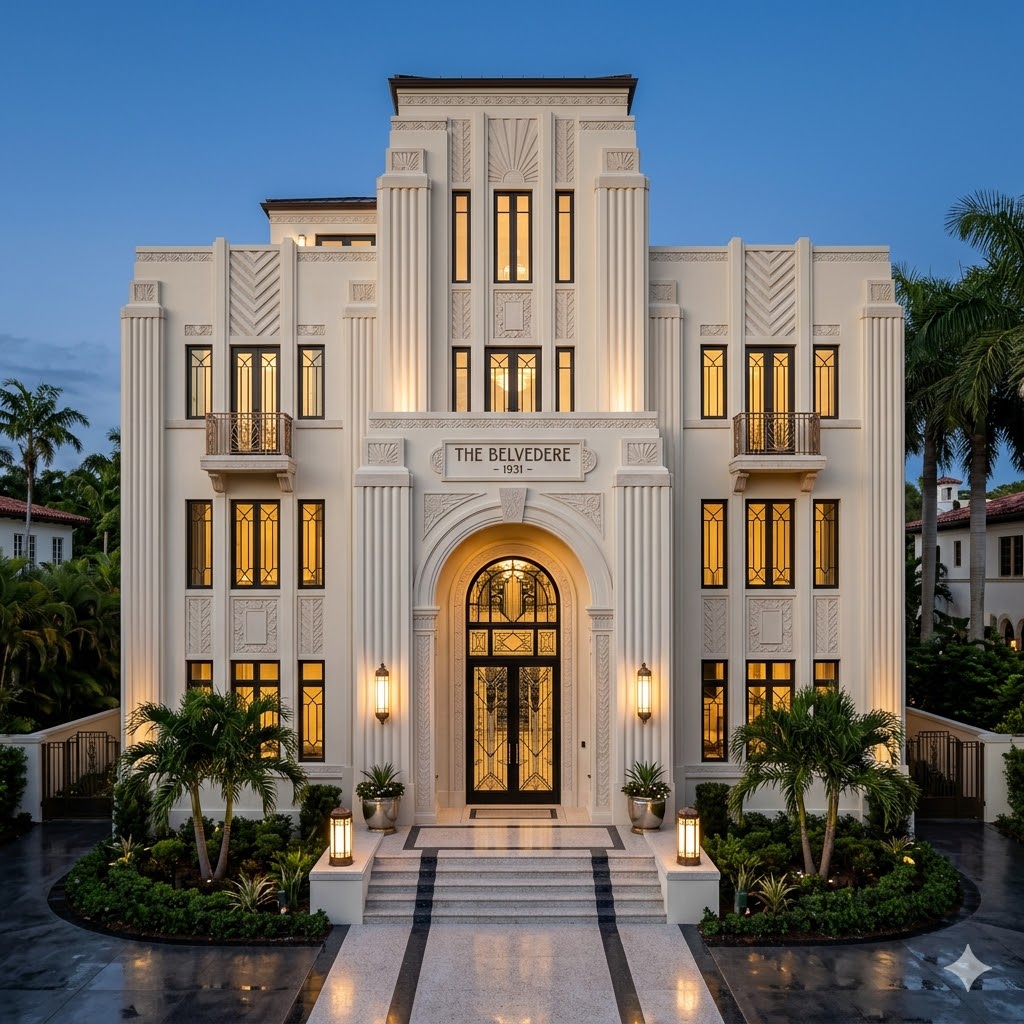 symmetrical art deco house exterior with central entrance and vertical lines