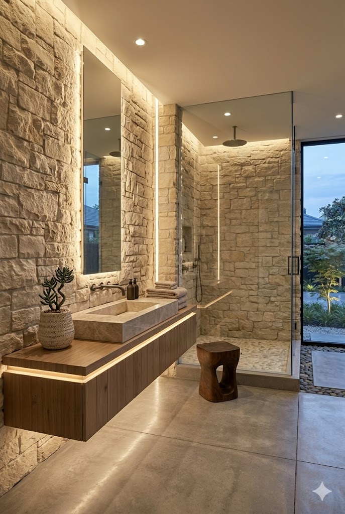 Luxury bathroom with textured limestone wall cladding and warm lighting.