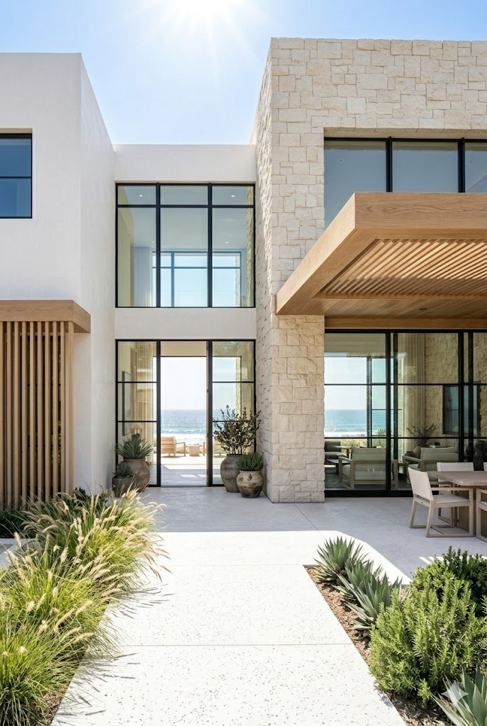 Coastal home exterior with cream limestone cladding and large windows.