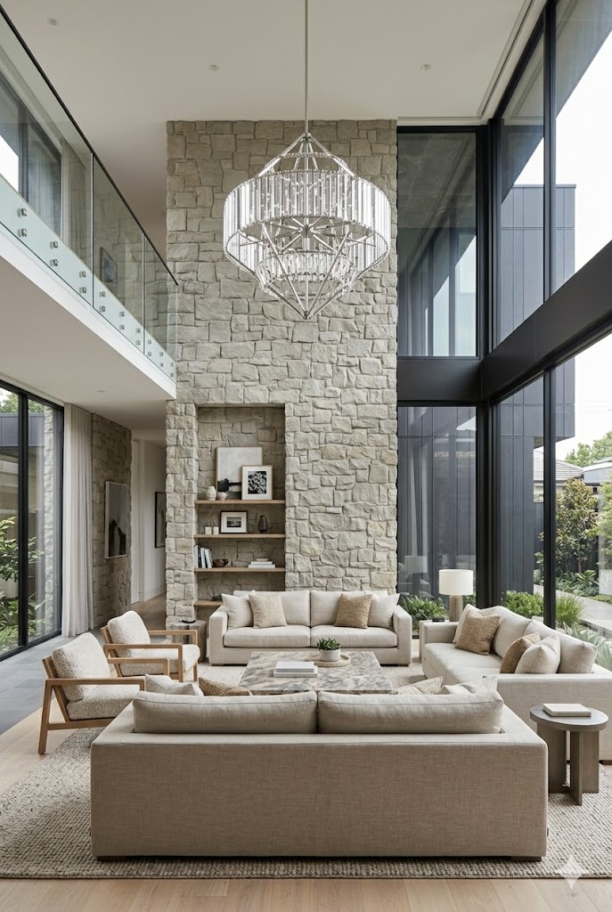 Double-height living room featuring a floor-to-ceiling limestone wall.