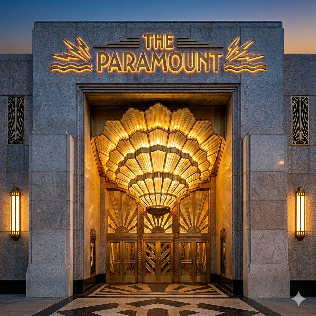 dramatic art deco house entrance with tall doorway and vertical columns