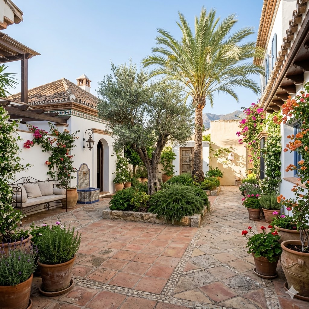 Marbella courtyard with palm and olive trees