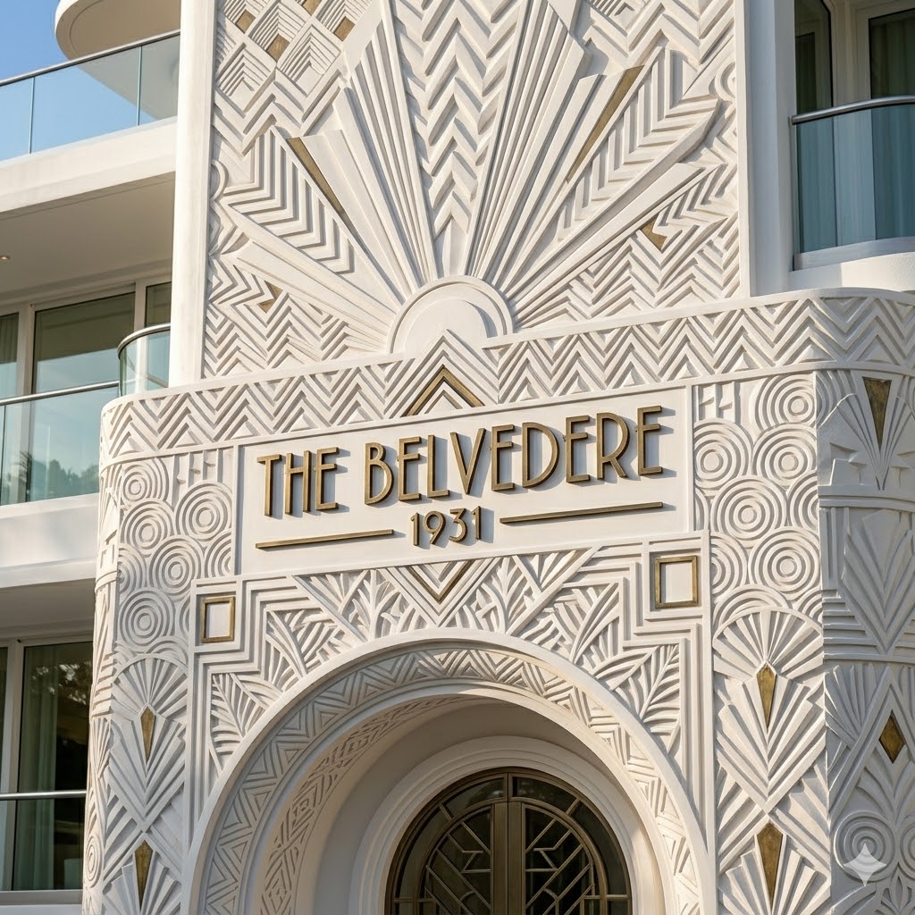 art deco facade with geometric patterns and sunburst decorative details