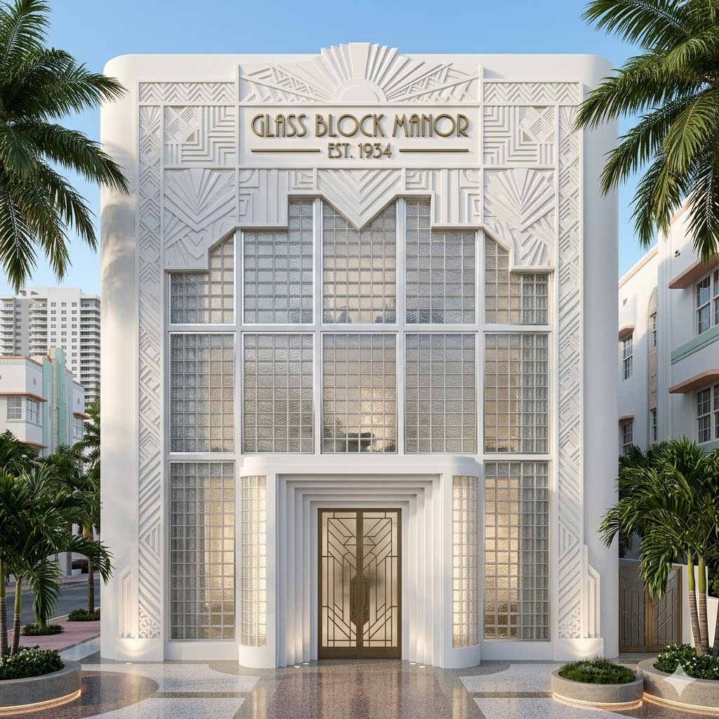 art deco house with glass block windows and modern exterior design