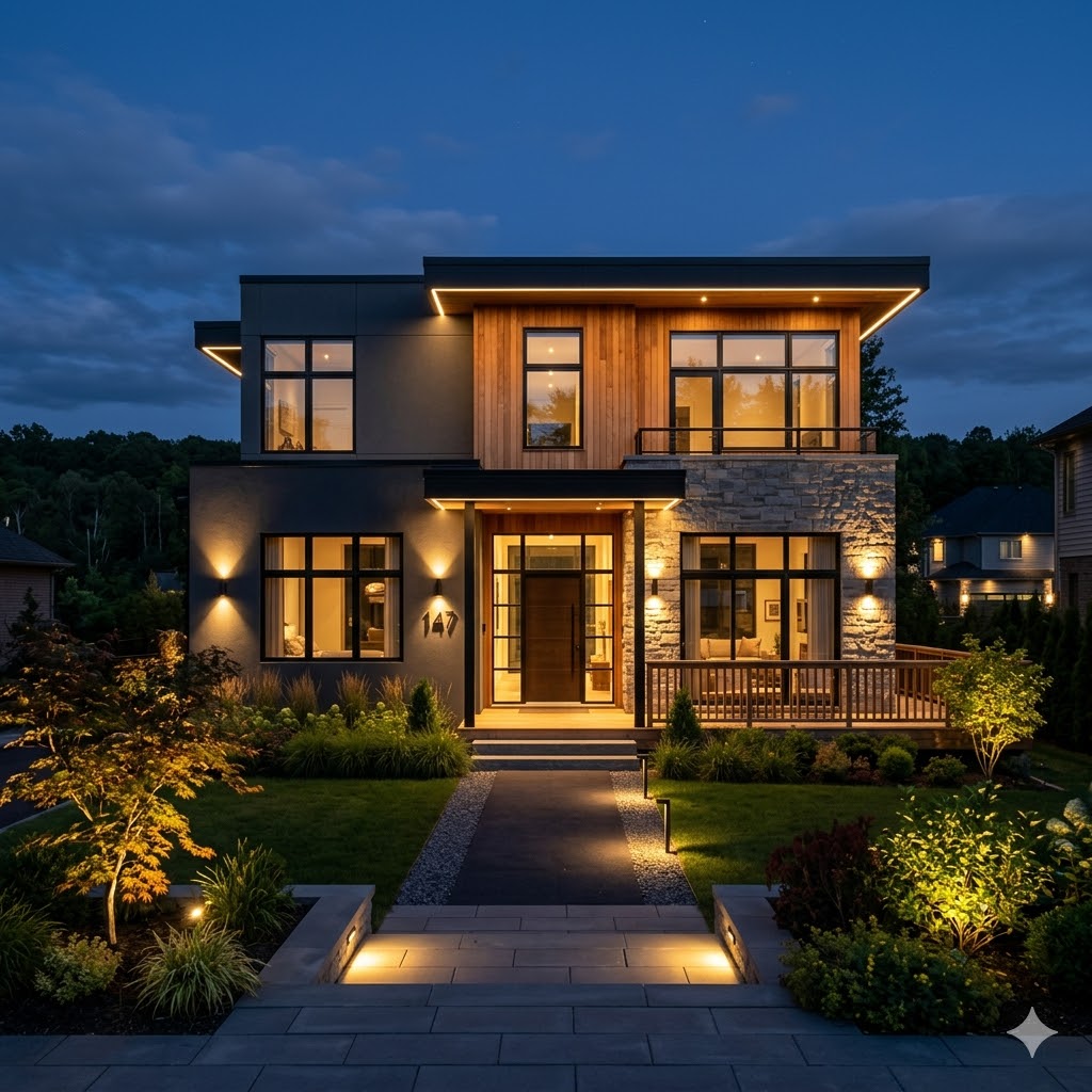 Modern house exterior with warm lighting at sunset