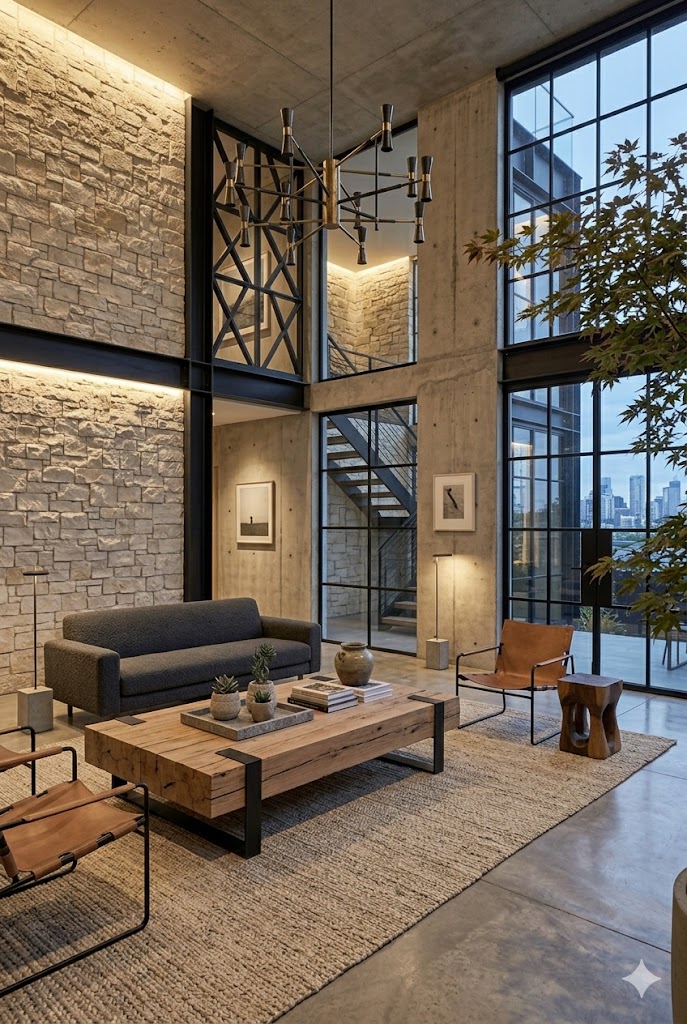 Industrial interior combining limestone walls with exposed concrete design.