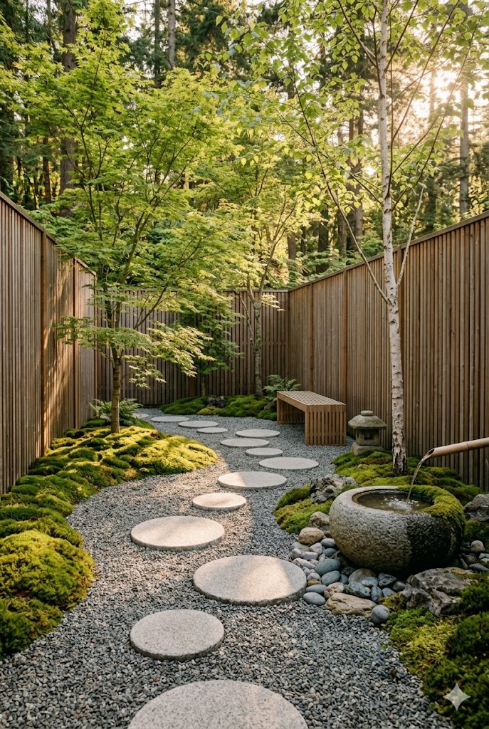 Japandi garden water feature