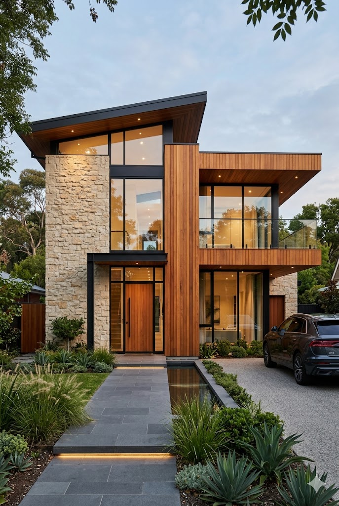 Modern exterior combining limestone cladding with natural wood panels.