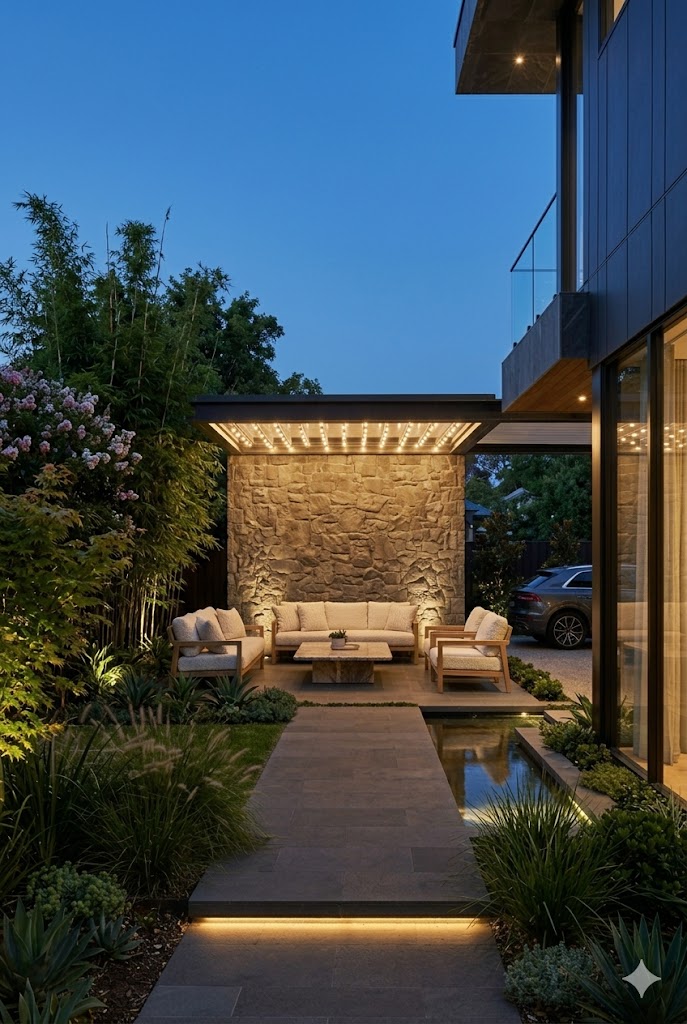 Outdoor garden area with elegant limestone cladding wall and greenery.