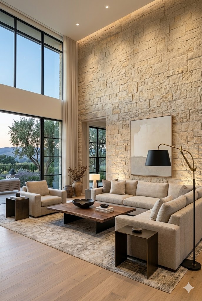 Contemporary living room with elegant limestone wall panels.