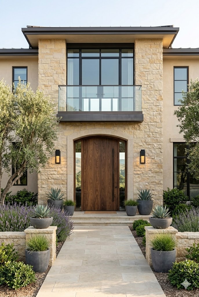 Modern entryway with limestone accent wall and wooden front door.