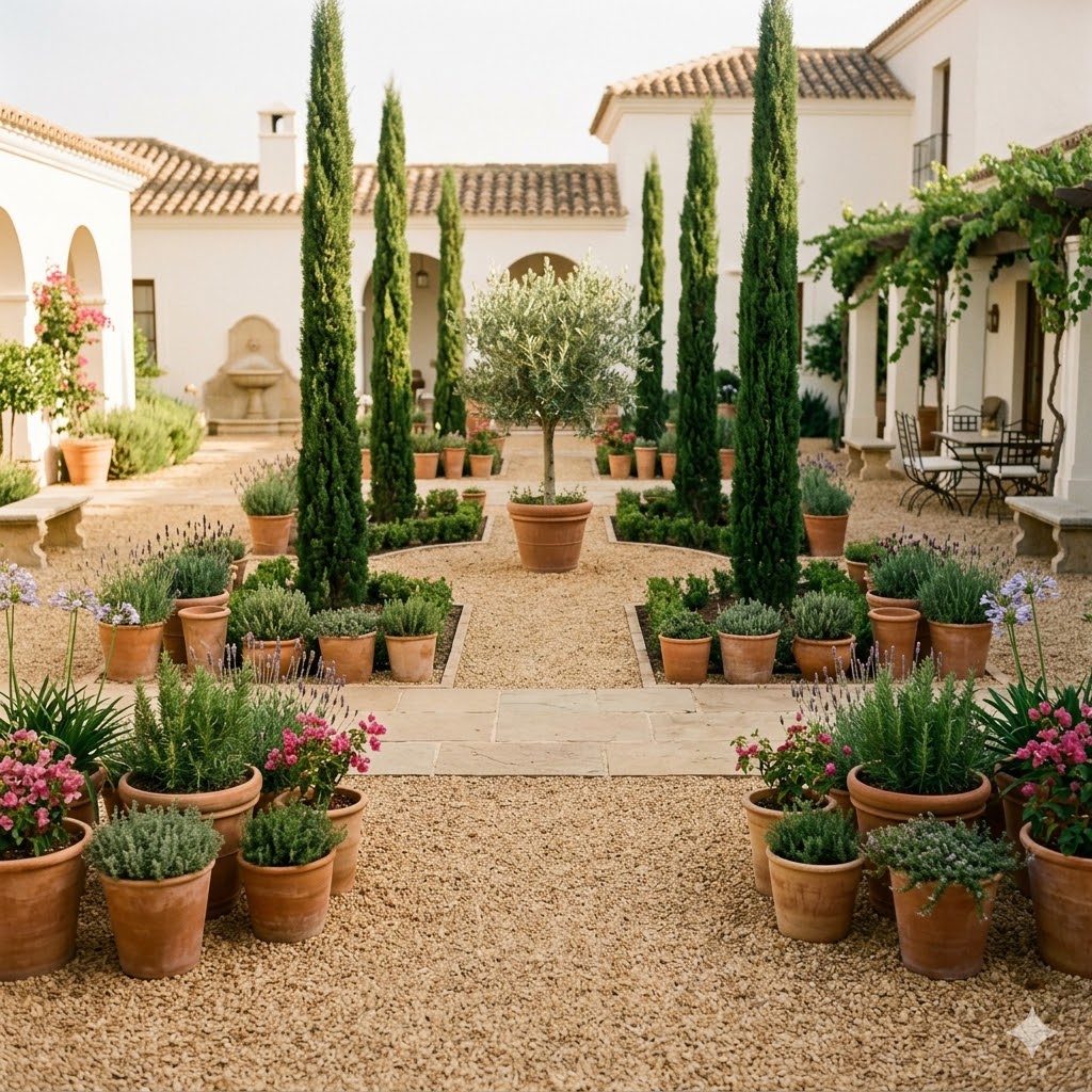 Spanish Garden Gravel path with cypress trees and planters
