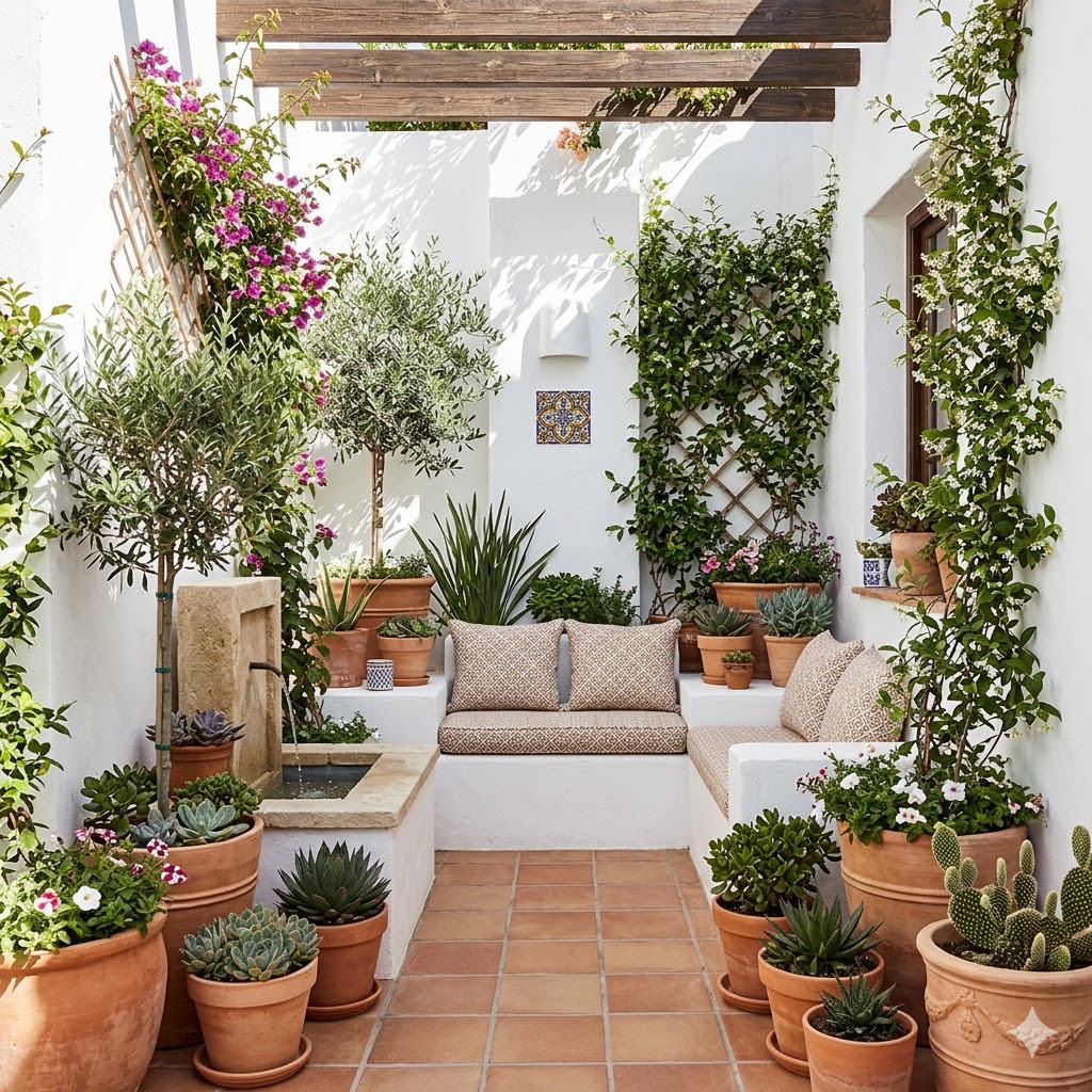 Small Spanish patio garden design  Incorporate Terracotta Pots and Planters