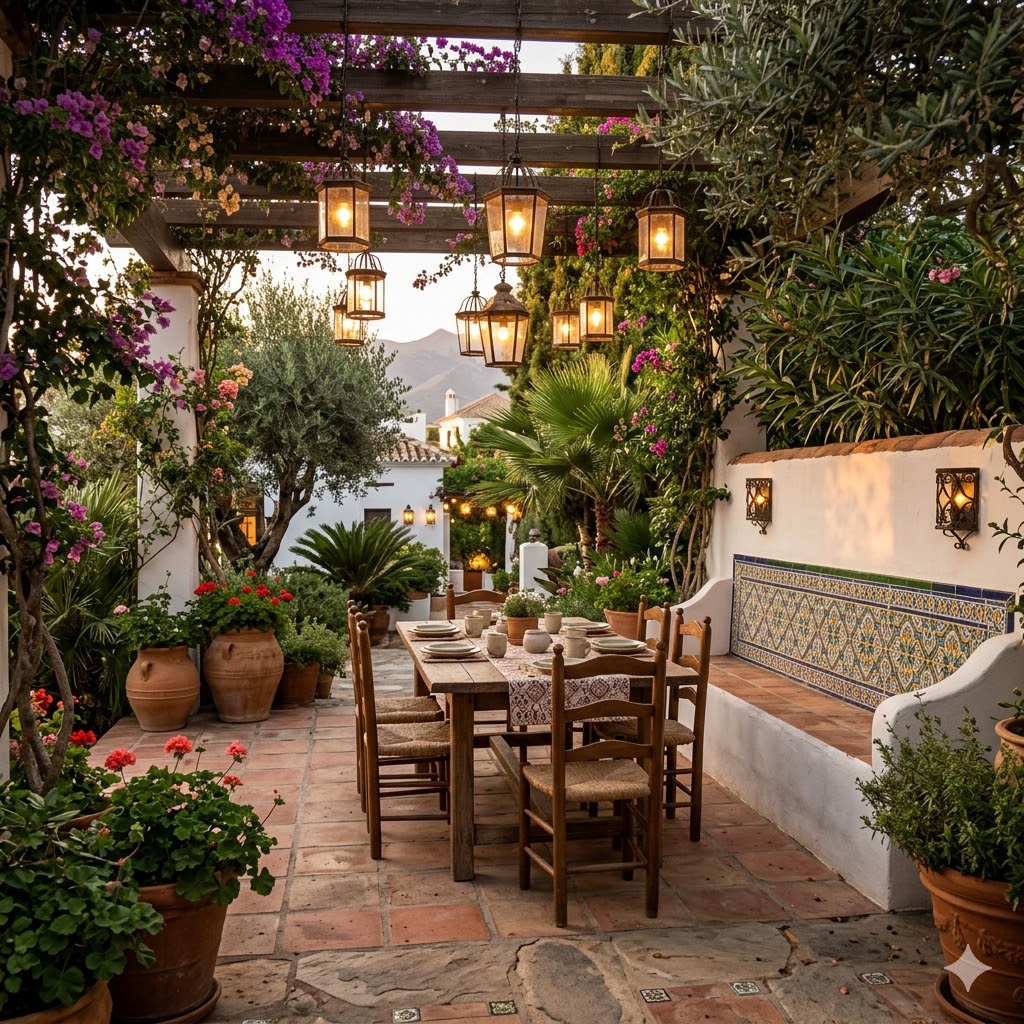 Spanish garden dining setup with lanterns and Decorative Tiles