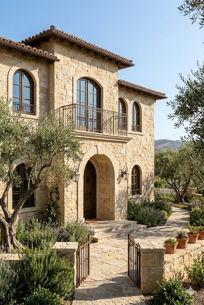 Mediterranean villa exterior with warm limestone cladding and terracotta roof.