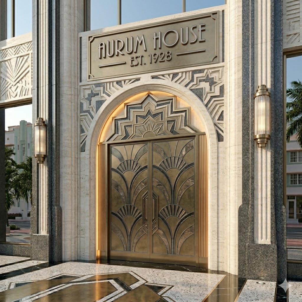 art deco house exterior with chrome and bronze luxury accents