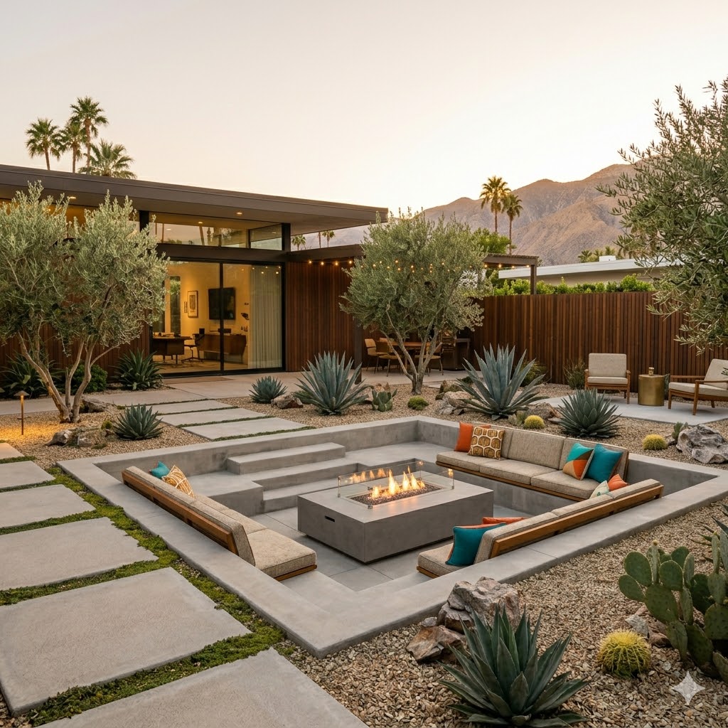 Sunken seating area in a mid century modern backyard