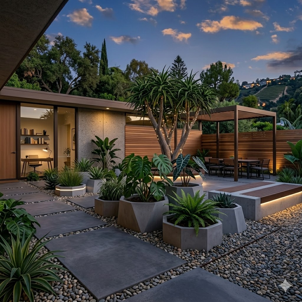 Modern courtyard garden with geometric planters