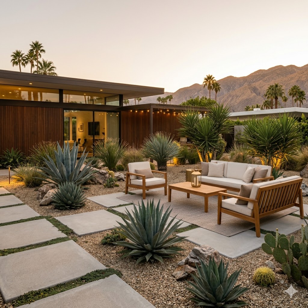 Mid century modern garden with concrete pavers and agave plants