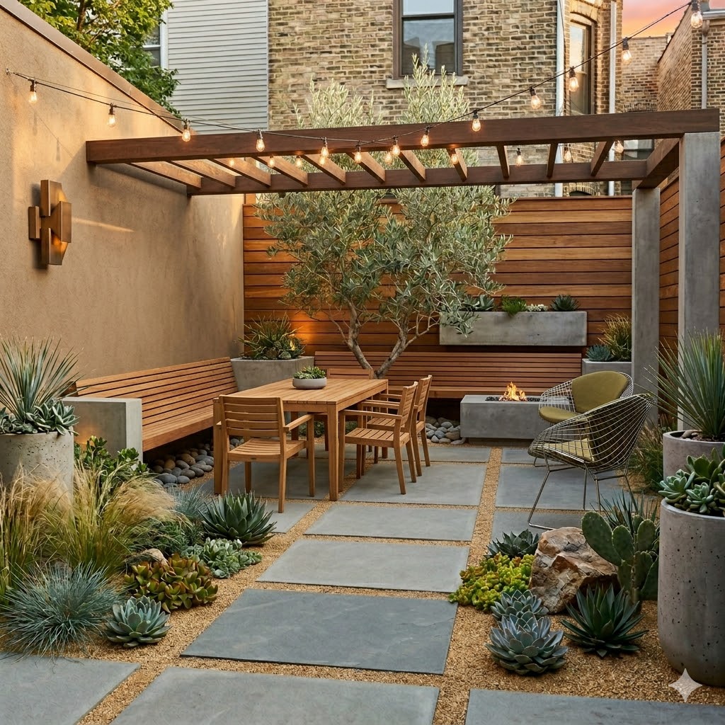 Mid century outdoor dining area with pergola