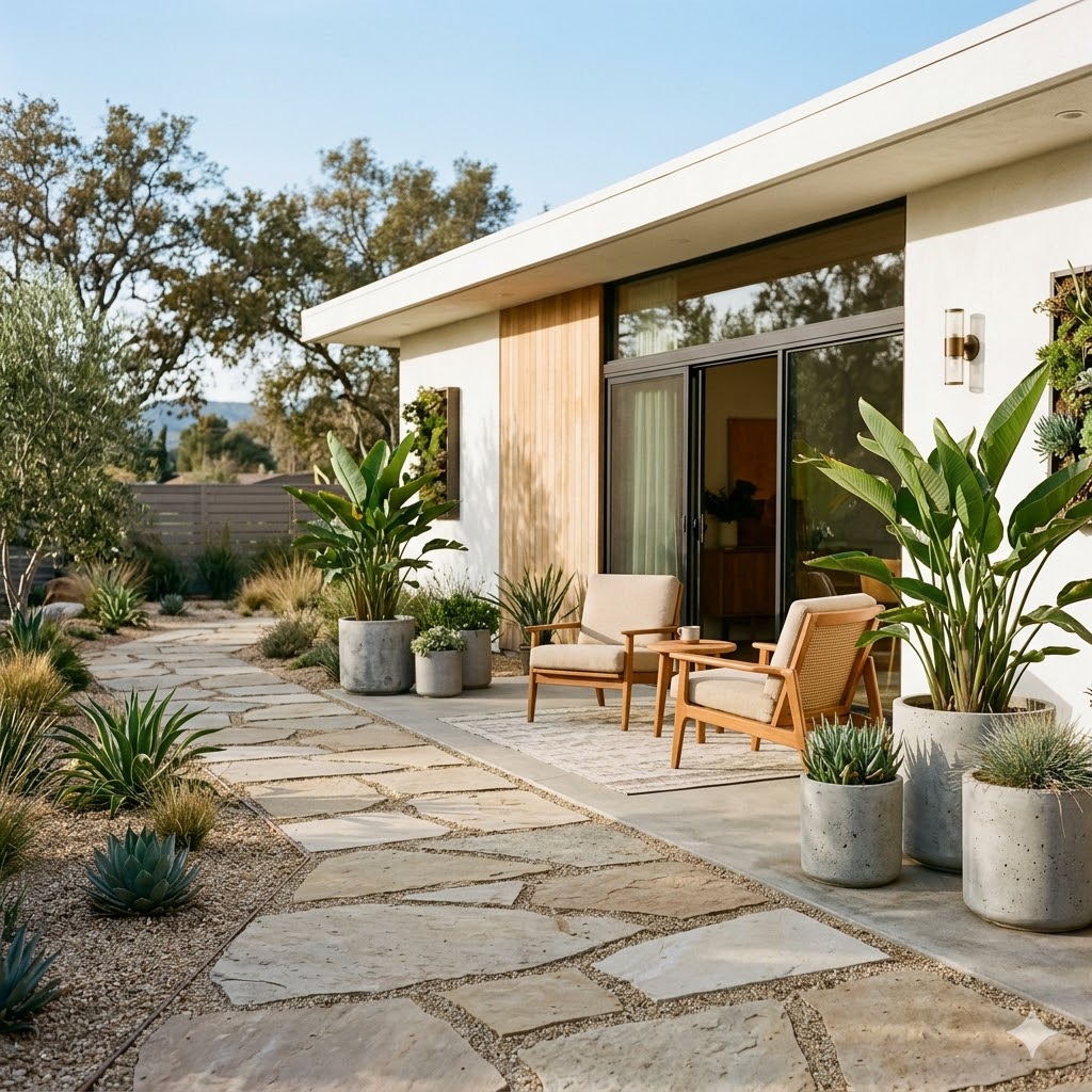 Minimalist mid century patio with tropical plants
