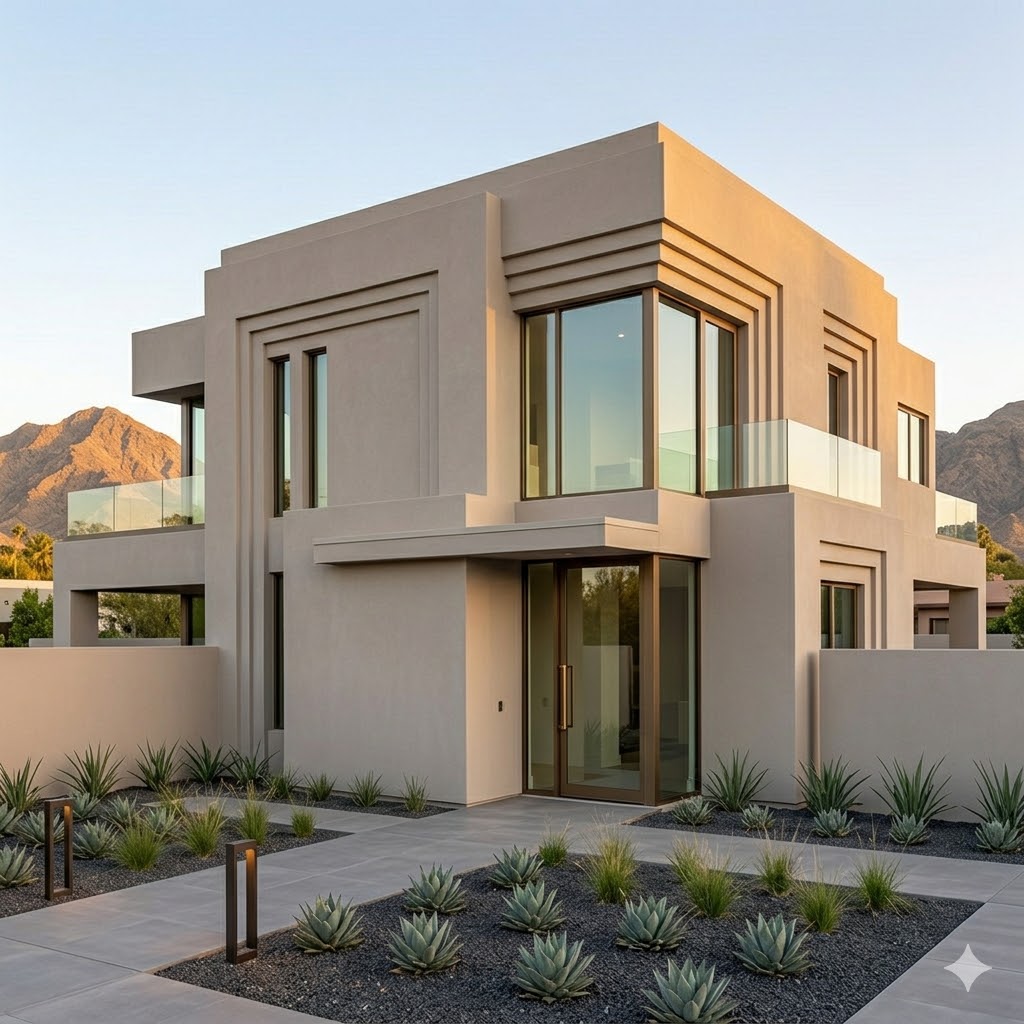 minimalist art deco house exterior with smooth stucco and clean lines