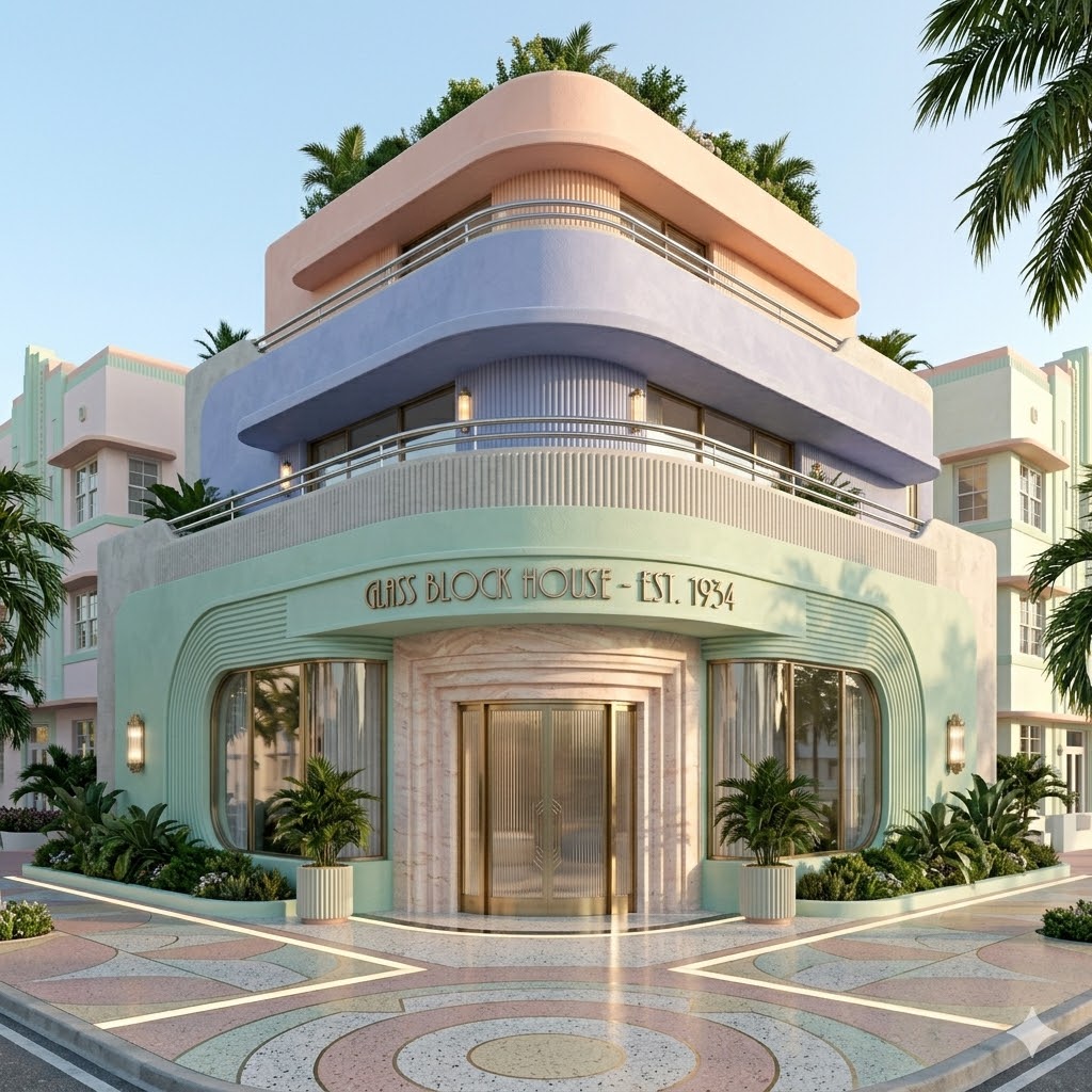 art deco house with rounded corners and layered exterior design