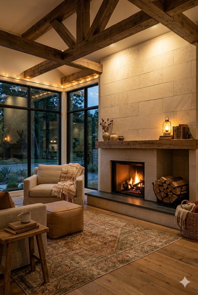 Rustic living room featuring a textured limestone accent wall and wooden beams.