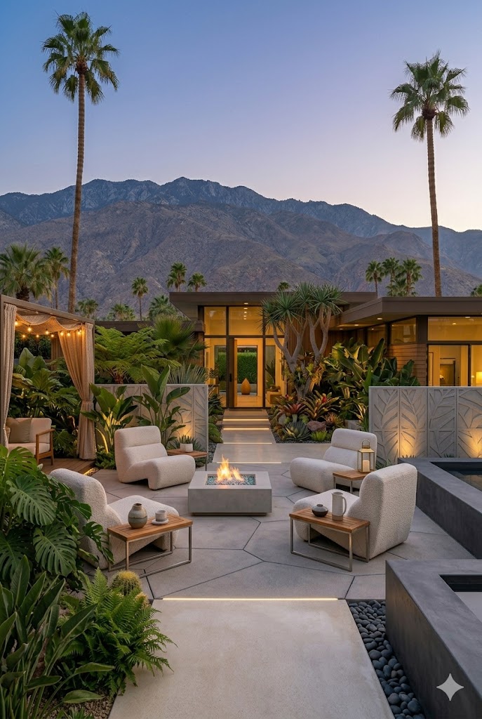 Sophisticated mid century patio garden at night