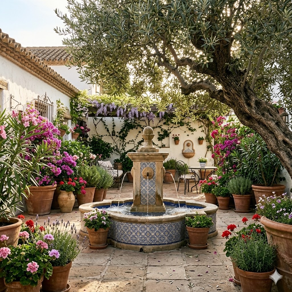 Tiled fountain in Marbella inspired Spanish Garden  