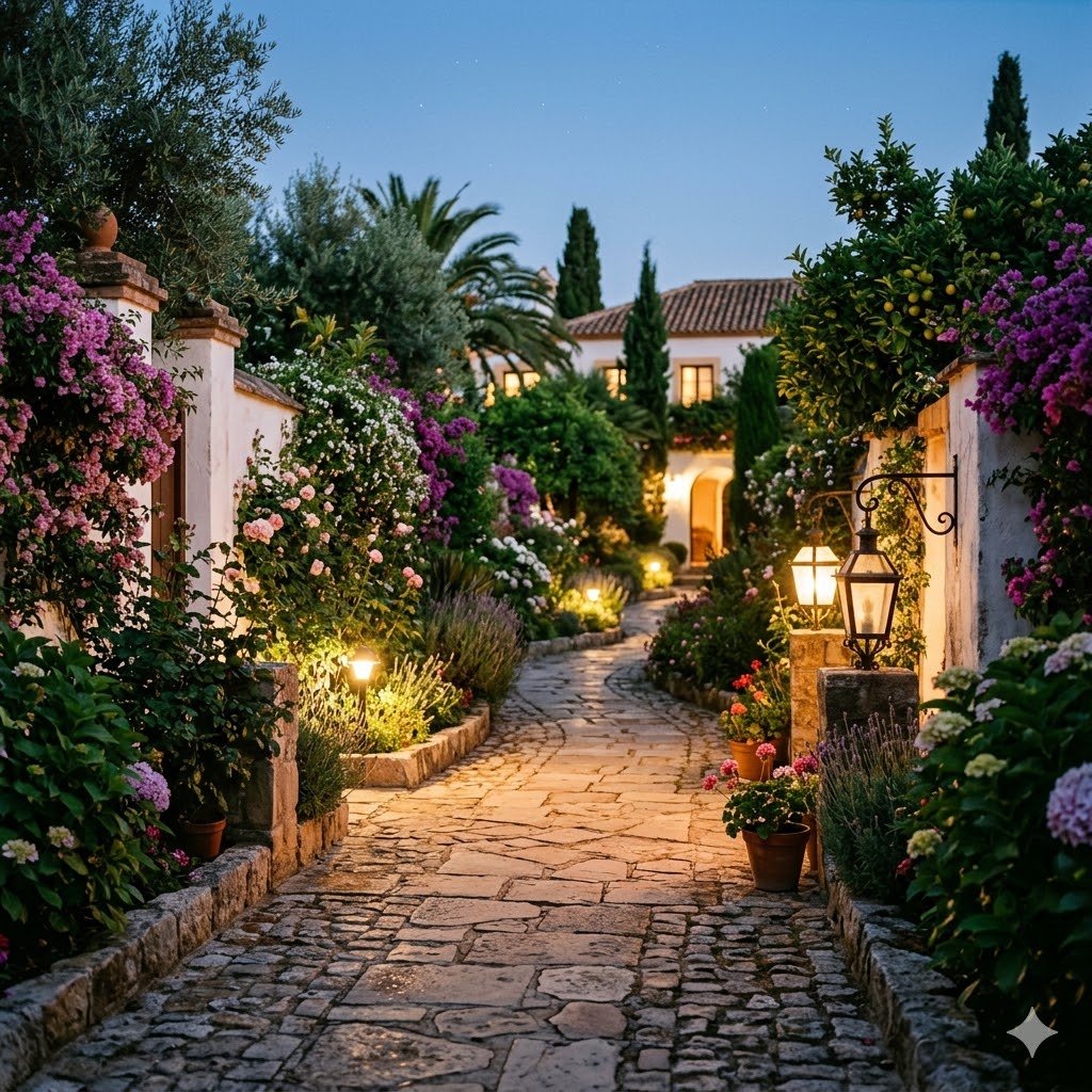 Marbella Spanish garden Stone pathway with  lighting
