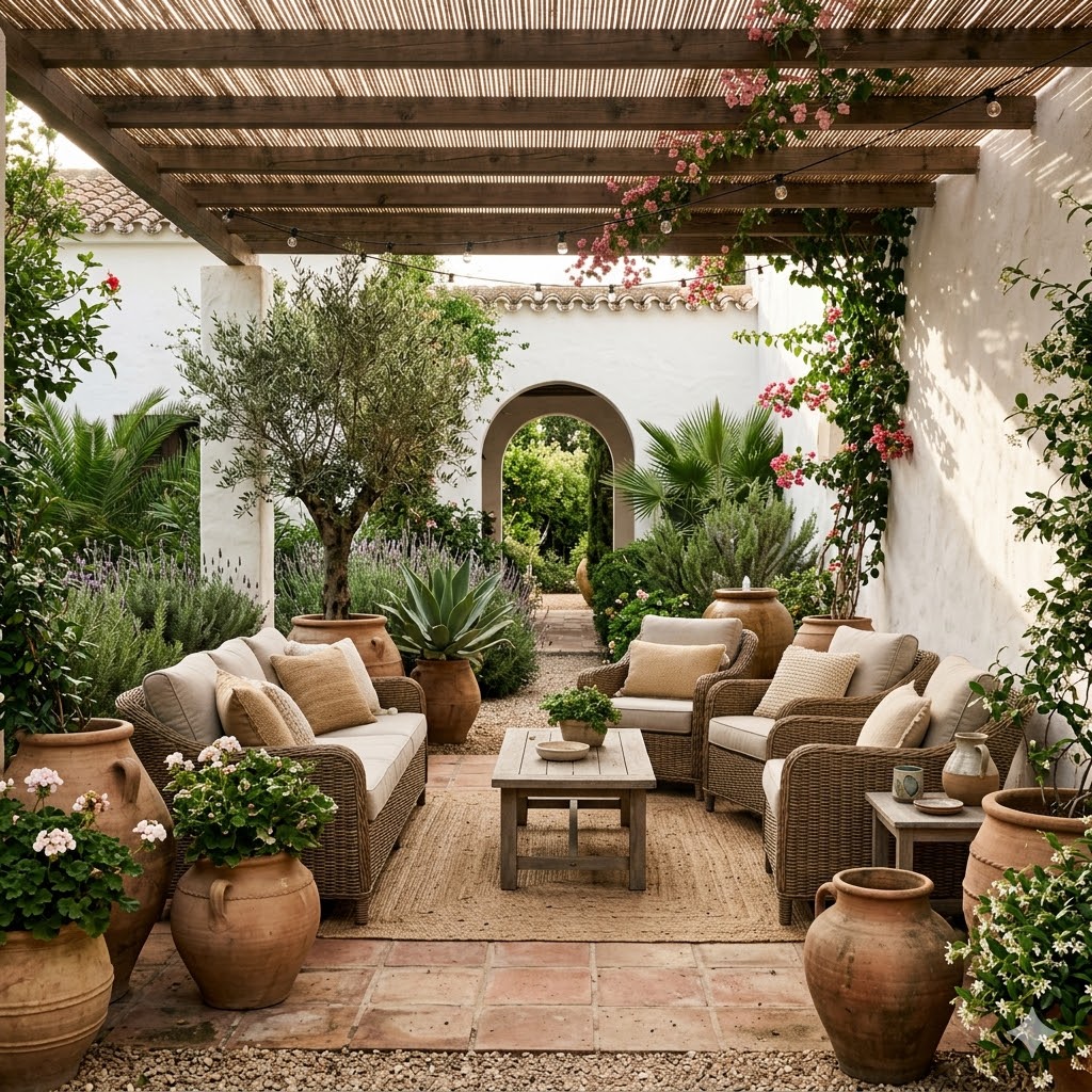 Spanish garden seating under pergola or Shade Structure