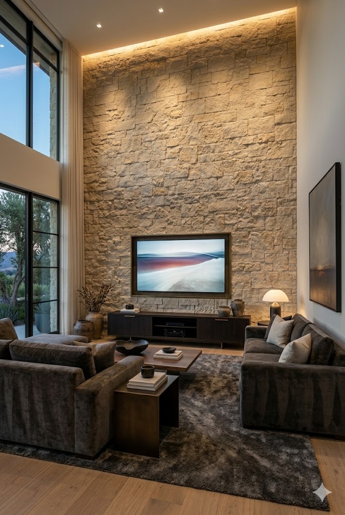 Split-face limestone accent wall with dramatic layered texture.