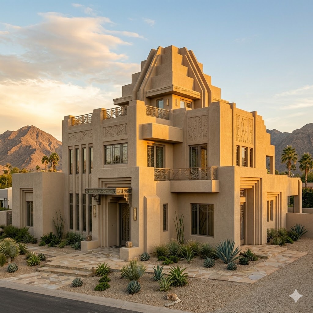 art deco house with stepped ziggurat roof design and geometric facade