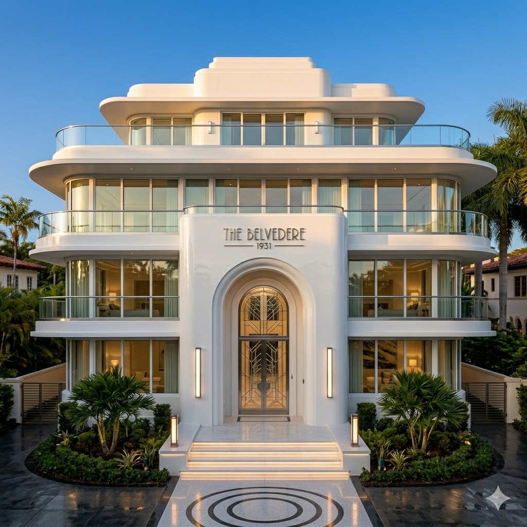 streamline moderne art deco house with curved walls and horizontal lines