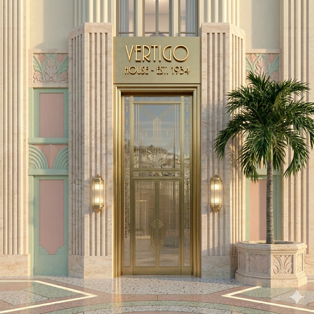 tall art deco house facade with strong vertical architectural lines