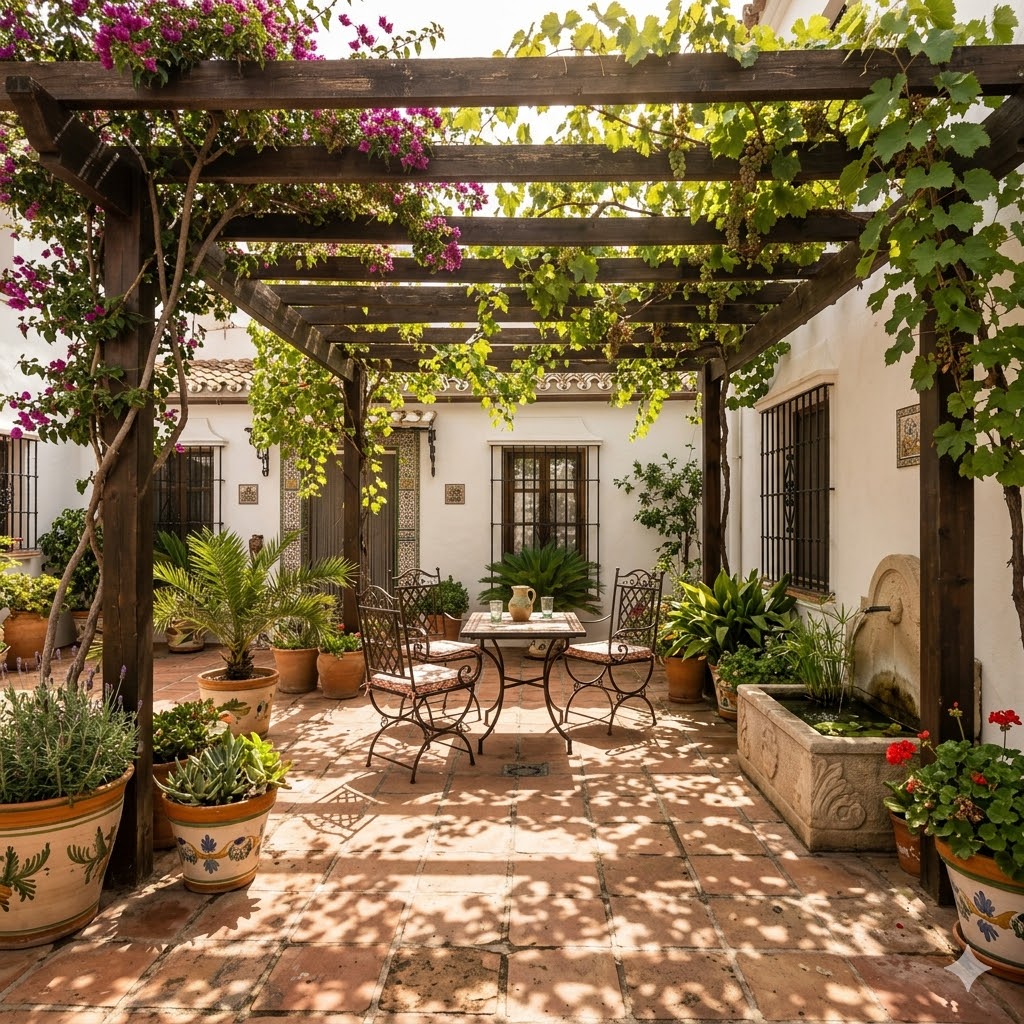 Pergola with vines in Spanish garden